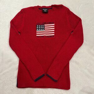 Vintage Polo Ralph Lauren American Flag Sweater Red White and Blue Ribbed Large